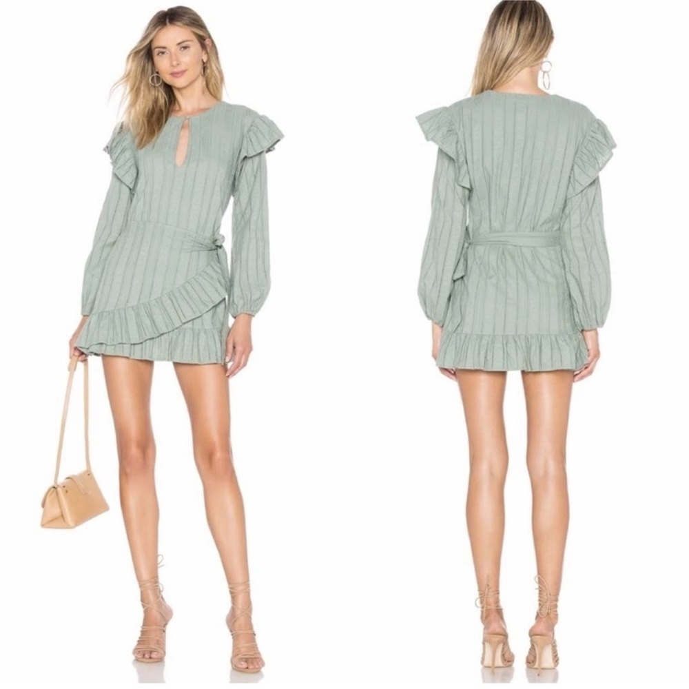 Tularosa Green Long Sleeve Mini Wrap Dress - The Cicely Dress In Sage Green